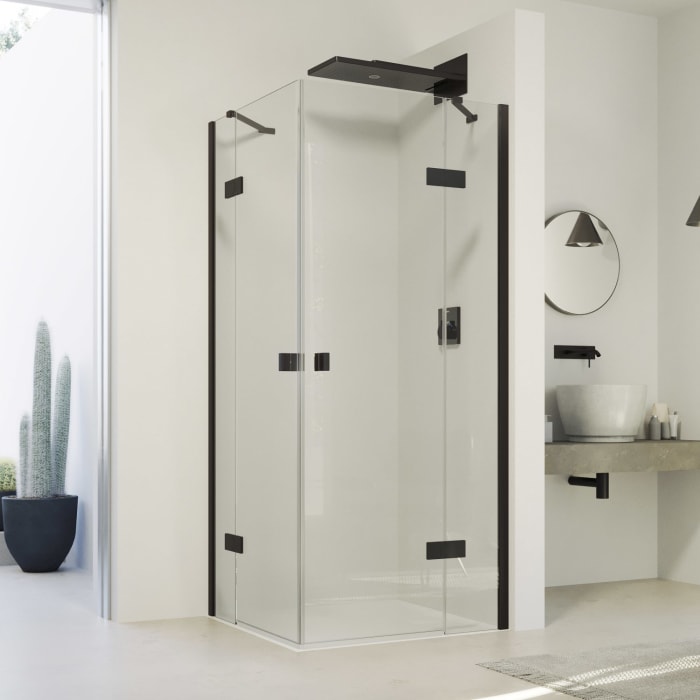 HÜPPE SolvaPro Schwingtür mit festem Segment für Eckeinstieg (1/2) 70-120 x 120-200 cm, mit Anti-Plaque