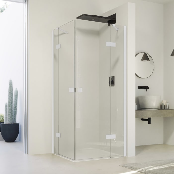 HÜPPE SolvaPro Schwingtür mit festem Segment für Eckeinstieg (1/2) 120,1-150 x 120-200 cm, mit Anti-Plaque