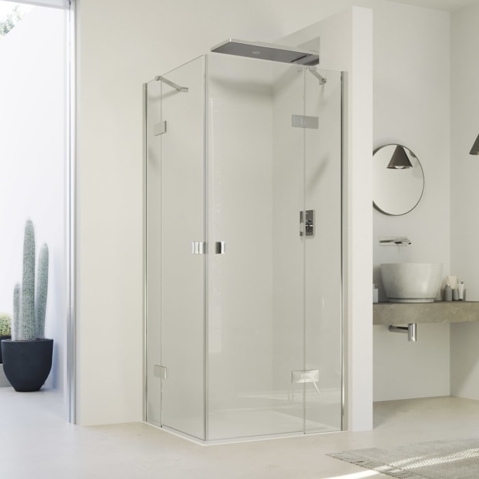 HÜPPE SolvaPro Schwingtür mit festem Segment für Eckeinstieg (1/2) 120,1-150 x 200,1-220 cm, mit Anti-Plaque