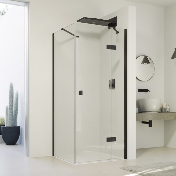 HÜPPE SolvaPro Schwingtür mit festem Segment für Seitenwand und Nische 120,1-150 x 200,1-220 cm, mit Anti-Plaque