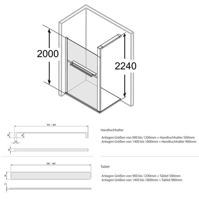 HÜPPE Sphere 4-Eck Walk-In Seitenwand alleinstehend 134 - 142 cm, ohne Licht