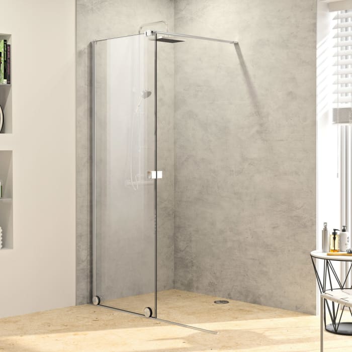 HÜPPE Xtensa pure Walk-In Gleittür mit festem Segment 100 cm, Anschlag links, Stabilisationsbügel in 45°