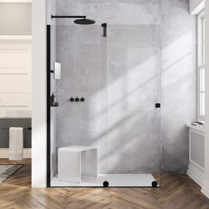 HÜPPE Xtensa pure Walk-In Gleittür mit festem Segment 100 cm, Anschlag links, Stabilisationsbügel in 45°