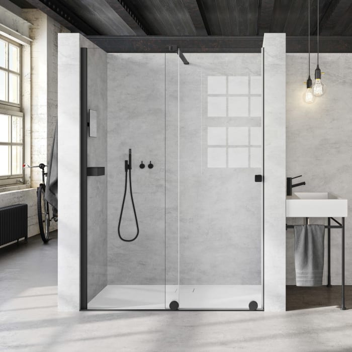 HÜPPE Xtensa pure Walk-In Gleittür mit festem Segment 140 cm, Anschlag links, Stabilisationsbügel in 45°