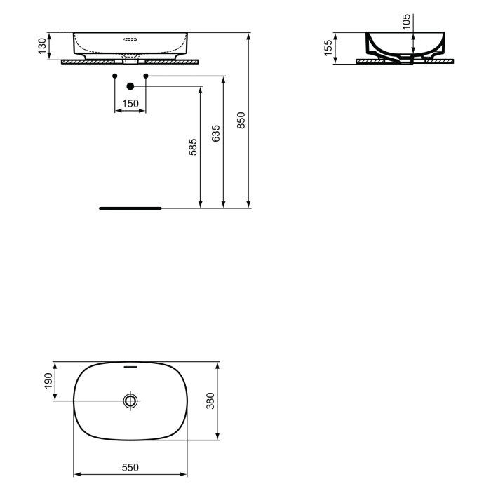 Ideal Standard Linda-X Aufsatzwaschtisch 55 cm, ohne Hahnloch, mit Überlauf
