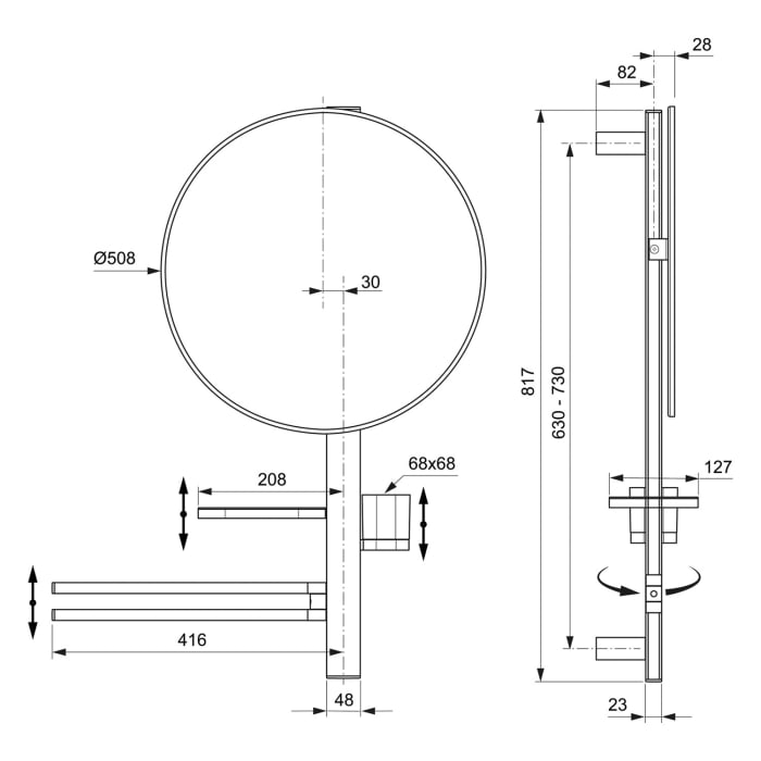 Ideal Standard Alu+ Beauty Bar Accessoires-Kombination L800 mit Spiegel Ø 50 cm