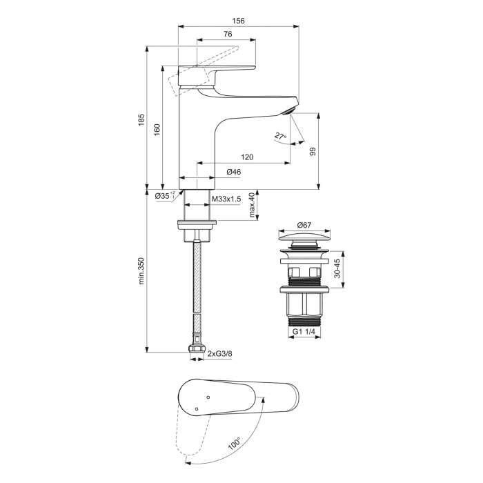 Ideal Standard Alu+ Einhebel-Waschtischarmatur mit Push-Open Ventil