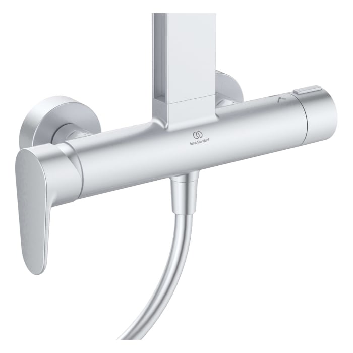 Ideal Standard Alu+ Duschsystem mit Ceraflow Brausearmatur, 2 Ablagen, 2-Funktions-Handbrause und 2-Funktions-Kopfbrause