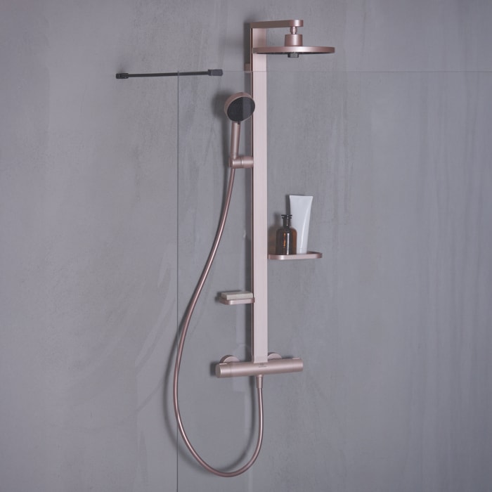 Ideal Standard Alu+ Duschsystem mit Ceratherm Brausethermostat, 2 Ablagen, 2-Funktions-Handbrause und 2-Funktions-Kopfbrause