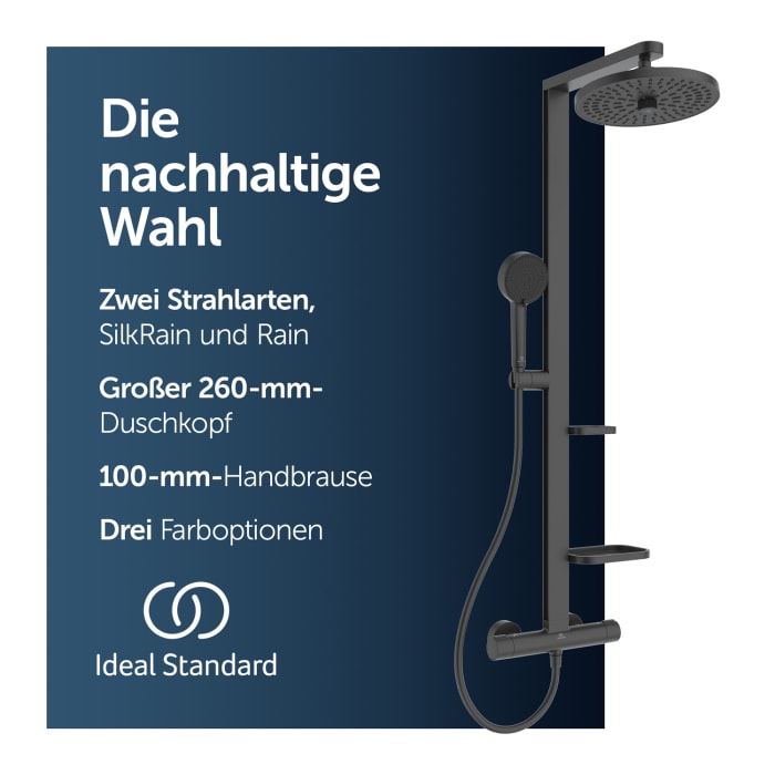 Ideal Standard Alu+ Duschsystem mit Ceratherm Brausethermostat, 2 Ablagen, 2-Funktions-Handbrause und 2-Funktions-Kopfbrause