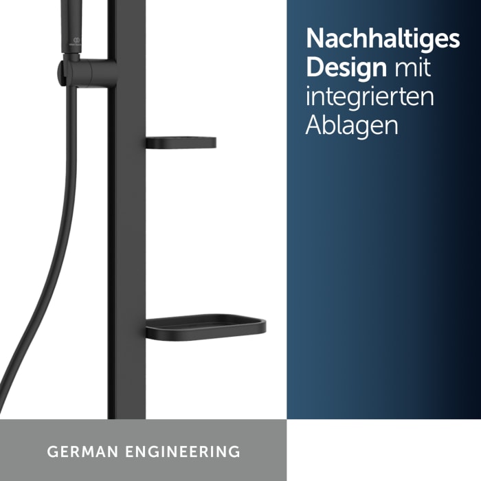 Ideal Standard Alu+ Duschsystem mit Ceratherm Brausethermostat, 2 Ablagen, 2-Funktions-Handbrause und 2-Funktions-Kopfbrause