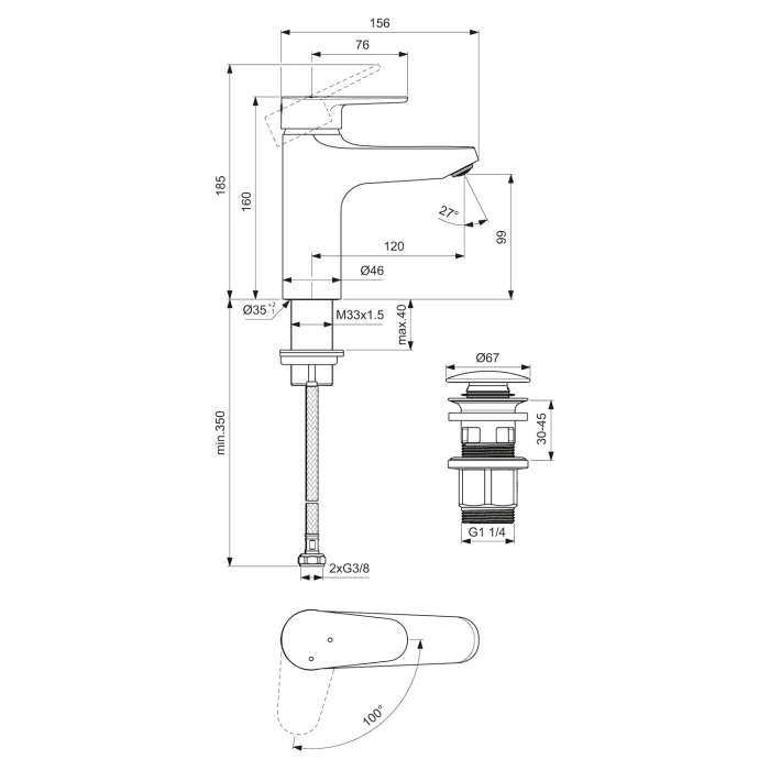Ideal Standard Alu+ Einhebel-Waschtischarmatur mit Push-Open Ventil
