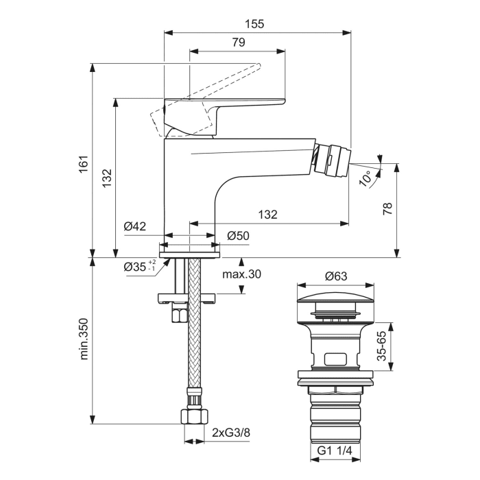 Ideal Standard Cerafine O Bidetarmatur mit Ablaufgarnitur Push-Open