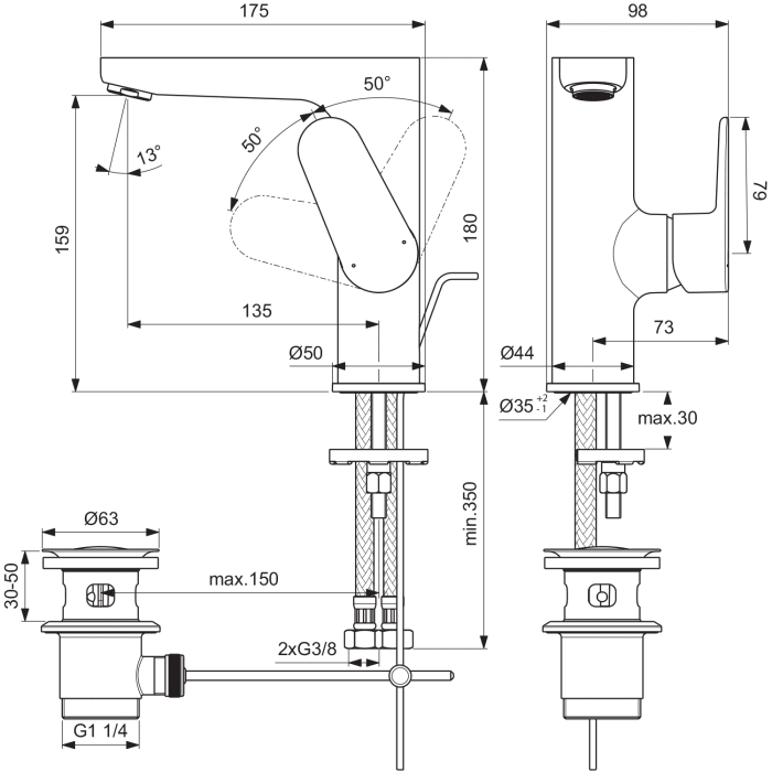 Ideal Standard Cerafine O Waschtischarmatur, BlueStart, H155 mit Ablaufgarnitur