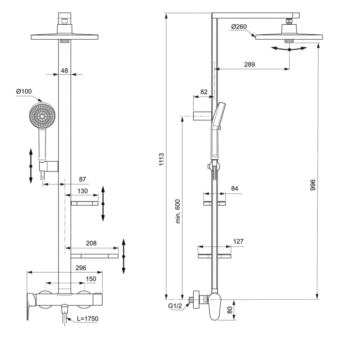 Ideal Standard Ceraflow Alu+ Duschsystem mit Brausearmatur, 2 Ablagen, 2-Funktions-Handbrause und 2-Funktions-Kopfbrause
