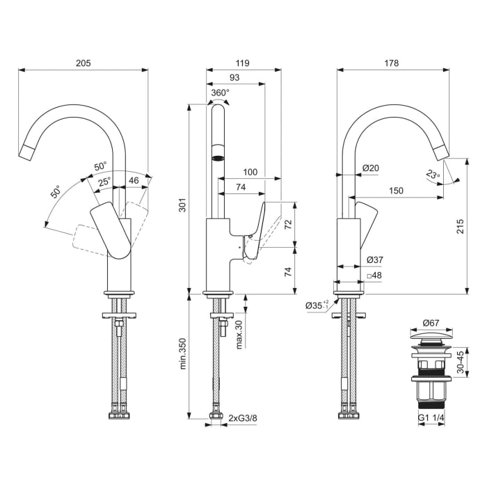Ideal Standard Ceralife C  Waschtischarmatur H200 Push-Open Ventil