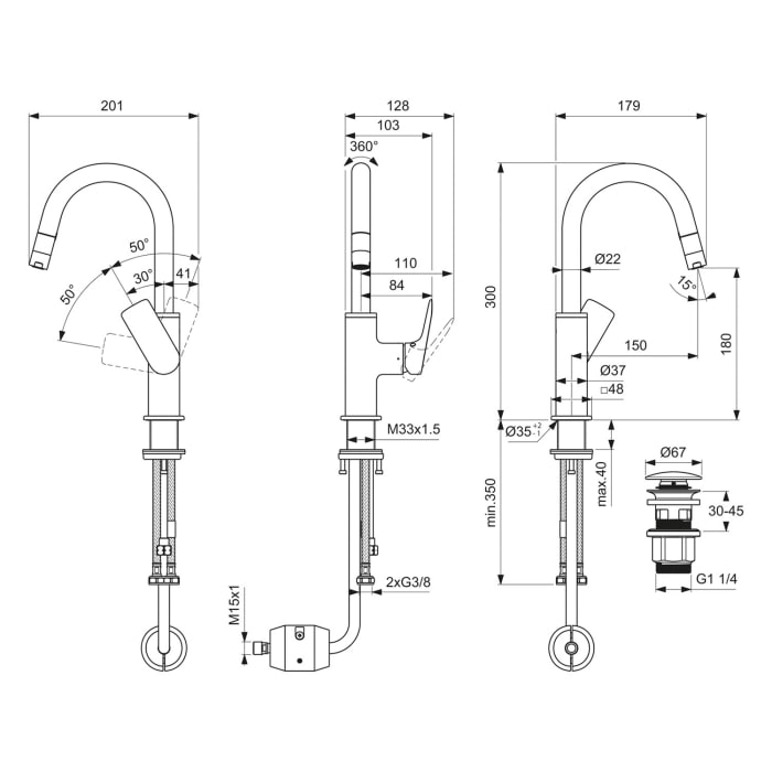 Ideal Standard Ceralife C  Waschtischarmatur H200 Push-Open Ventil mit herausziehbarer Handbrause