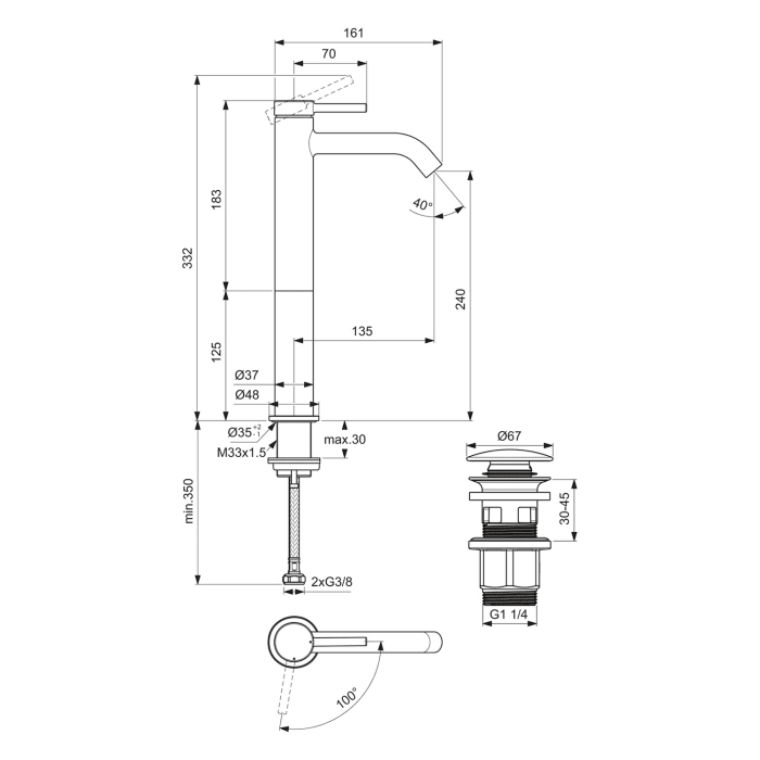 Ideal Standard Ceraline Nuovo Waschtischarmatur BlueStart Ausladung 13,5 cm mit Push-Open Ventil