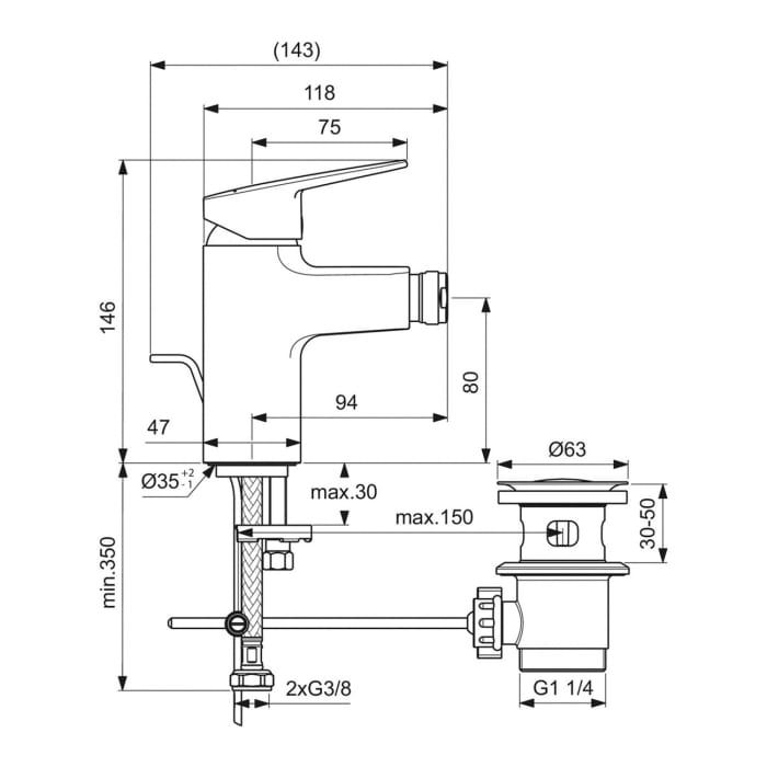 Ideal Standard Ceraplan Bidetarmatur mit Ablaufgarnitur Ausladung 9,4 cm