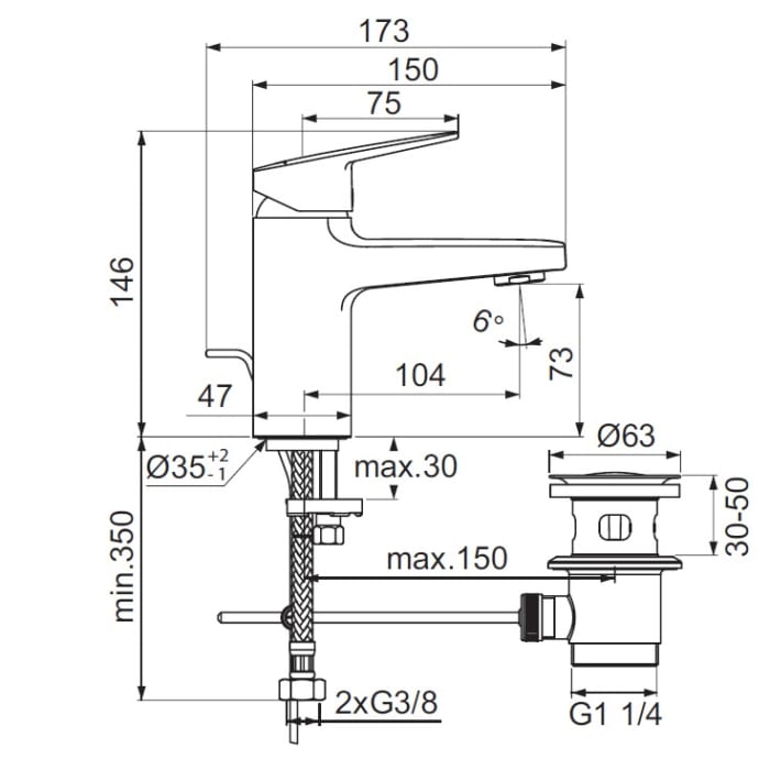 Ideal Standard Ceraplan Waschtischarmatur H75 ohne Ablaufgarnitur mit Kette