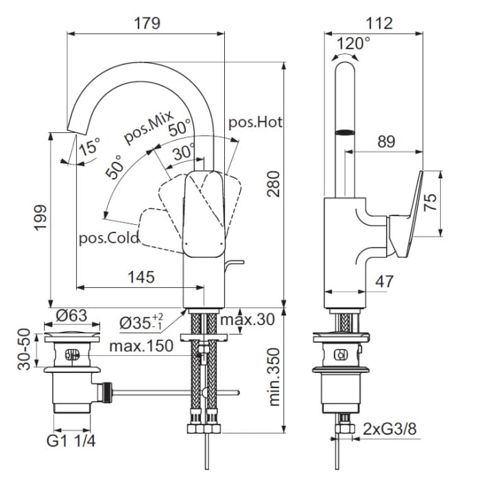 Ideal Standard Ceraplan Waschtischarmatur hoher Auslauf H200 mit Ablaufgarnitur