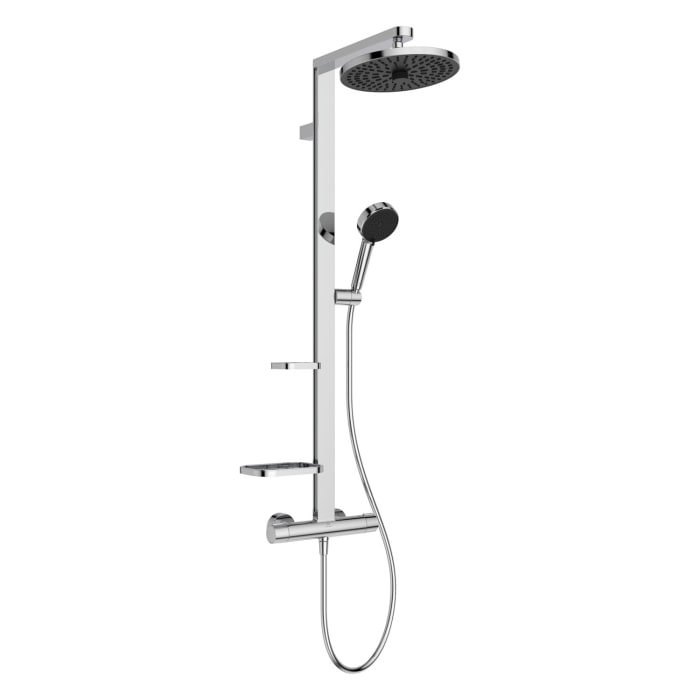 Ideal Standard Ceratherm Alu+ Duschsystem mit Brausethermostat, 2 Ablagen, 2-Funktions-Handbrause und 2-Funktions-Kopfbrause