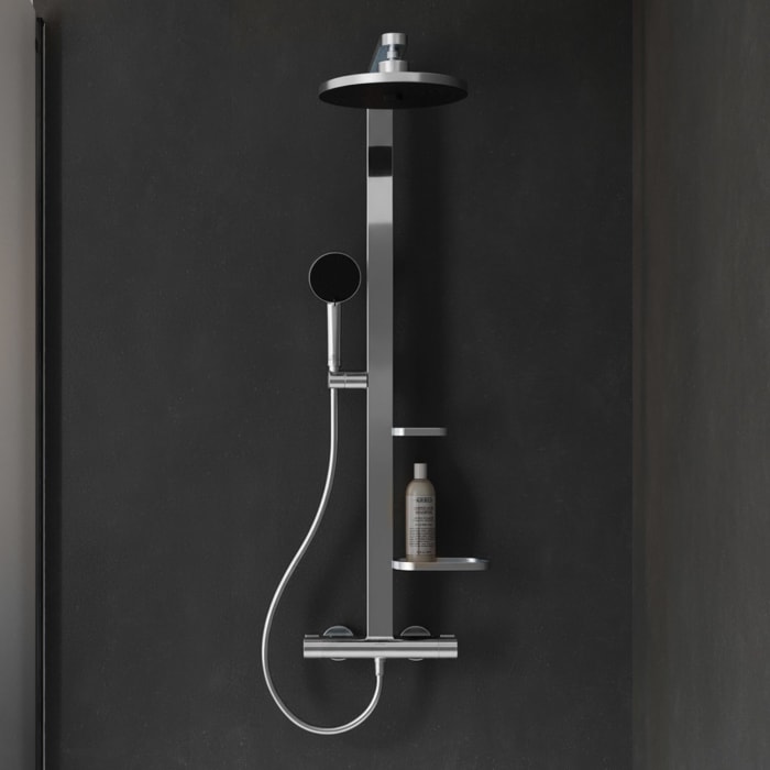 Ideal Standard Ceratherm Alu+ Duschsystem mit Brausethermostat, 2 Ablagen, 2-Funktions-Handbrause und 2-Funktions-Kopfbrause