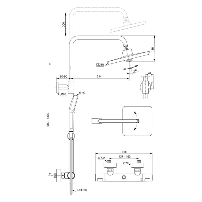 Ideal Standard Ceratherm T25+ Duschsystem, Kopfbrause eckig