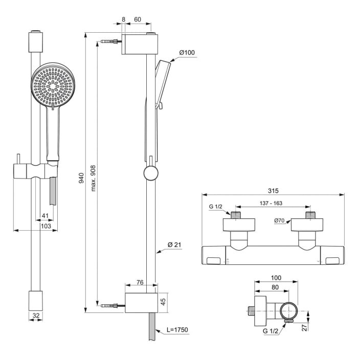 Ideal Standard Ceratherm T25 N Duscharmatur Paket, Brausestange 90 cm, Handbrause wasersparend