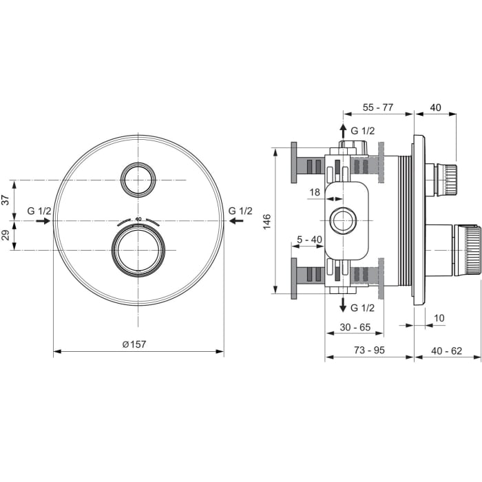 Ideal Standard Ceratherm Navigo Brausethermostat Unterputz Bausatz 2 mit 1 Entnahmestelle