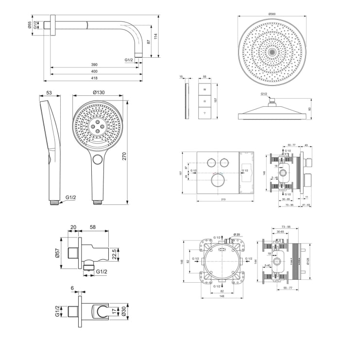 Ideal Standard Duscharmaturen-Set Ceratherm Navigo® UP-Brausethermostat mit Easy-Box, Solos 3-Funktions-Kopf- und Handbrause, LED-Leuchtring