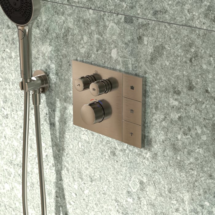 Ideal Standard Duscharmaturen-Set – Ceratherm Navigo® Brausethermostat Unterputz mit Easy-Box Unterputz-Grundkörper, Solos 3-Funktions-Kopf- und Handbrause, LED-Leuchtring