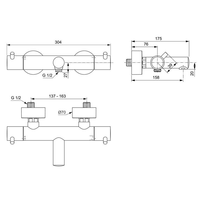 Ideal Standard Ceratherm T125 Badethermostat Aufputz Pin-Griffe