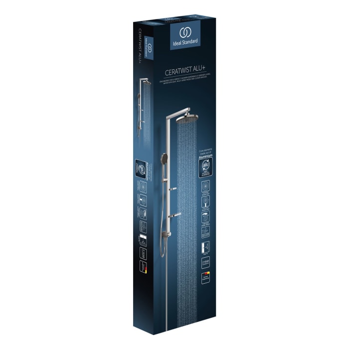 Ideal Standard Ceratwist Alu+ Duschsystem ohne Armatur, mit 2 Ablagen, 2-Funktions-Handbrause und 2-Funktions-Kopfbrause