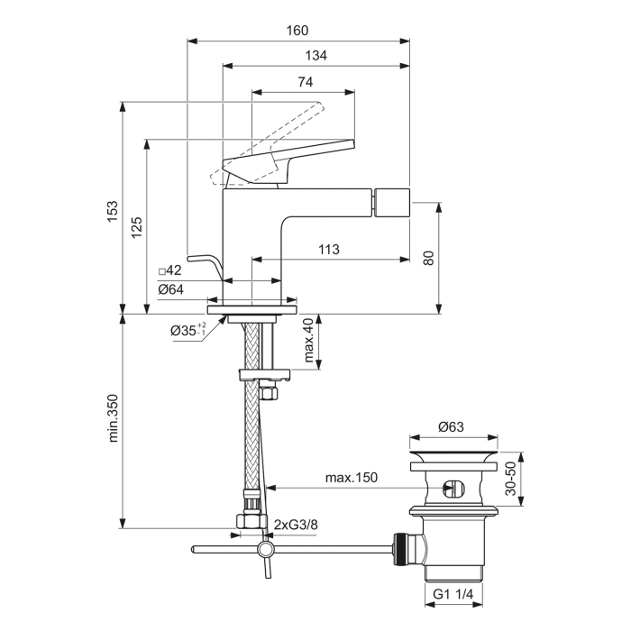 Ideal Standard Extra Bidetarmatur, Ausladung 11,3 cm, mit Ablaufgarnitur