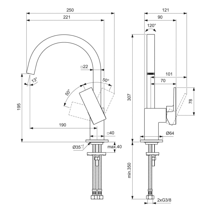 Ideal Standard Extra Waschtischarmatur, Ausladung 19 cm, hoher Auslauf, ohne Ablaufgarnitur