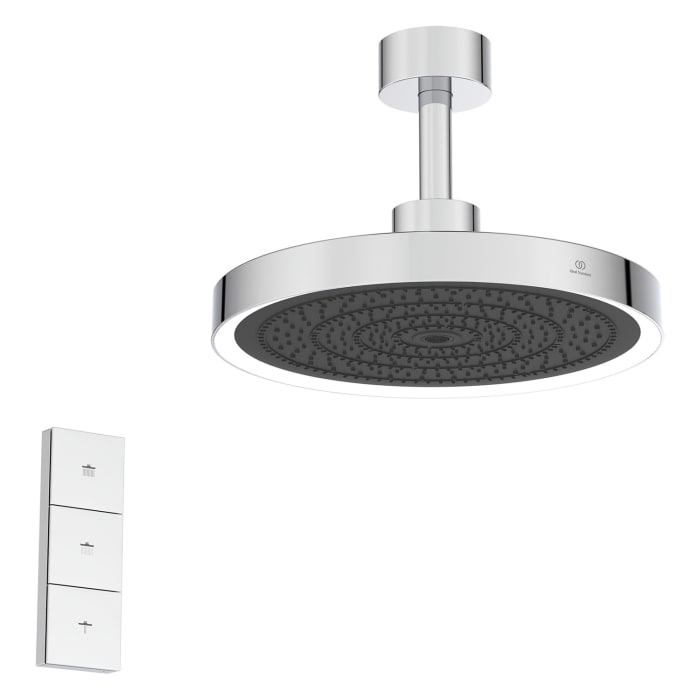 Ideal Standard Idealrain Solos Kopfbrause Ø 33 cm mit LED-Leuchtring, 3 Strahlarten, schaltbar per Fernbedienung und Brausearm für Deckenmontage