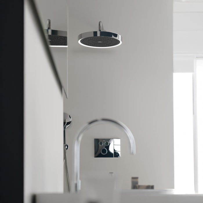 Ideal Standard Idealrain Solos Kopfbrause Ø 33 cm mit LED-Leuchtring, 3 Strahlarten, schaltbar per Fernbedienung und Brausearm für Wandmontage