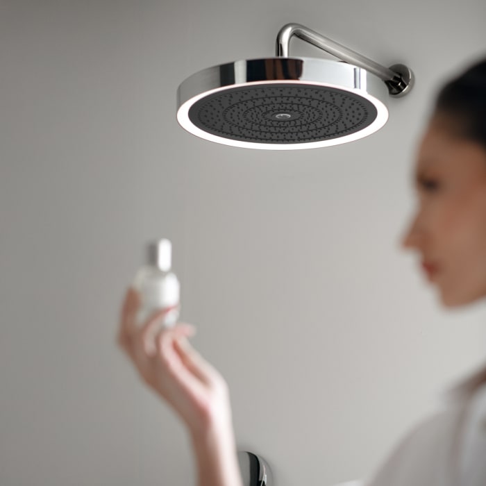 Ideal Standard Idealrain Solos Kopfbrause Ø 33 cm mit LED-Leuchtring, 3 Strahlarten, schaltbar per Fernbedienung und Brausearm für Wandmontage