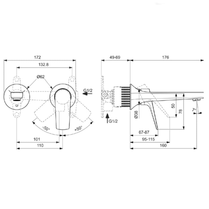 Ideal Standard La Dolce Vita Einhebel-Wand-Waschtischarmatur Unterputz, Ausladung 16 cm