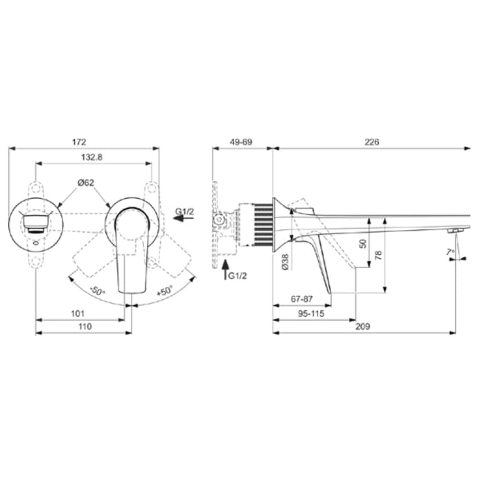Ideal Standard La Dolce Vita Einhebel-Wand-Waschtischarmatur Unterputz, Ausladung 20,9 cm