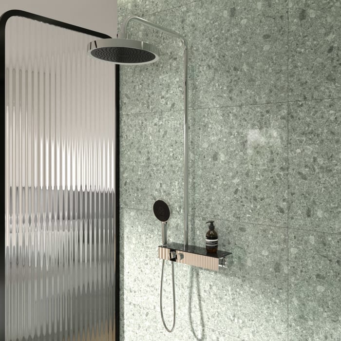 Ideal Standard Solos Duschsystem mit Aufputz-Brausethermostat Ceratherm Navigo® mit Ablage, Kopfbrause mit LED-Leuchtring,  3-Funktions-Handbrause