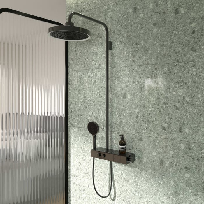 Ideal Standard Solos Duschsystem mit Aufputz-Brausethermostat Ceratherm Navigo® mit Ablage, Kopfbrause mit LED-Leuchtring, 3-Funktions-Hand- & Kopfbrause