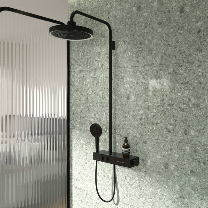 Ideal Standard Solos Duschsystem mit Aufputz-Brausethermostat Ceratherm Navigo® mit Ablage, Kopfbrause mit LED-Leuchtring, 3-Funktions-Hand- & Kopfbrause