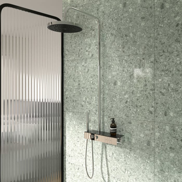 Ideal Standard Solos Duschsystem mit Aufputz-Brausethermostat Ceratherm Navigo® mit Ablage, Stabhandbrause und 3-Funktions-Regenbrause