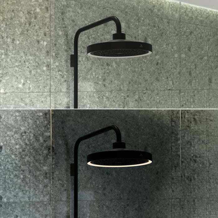 Ideal Standard Solos Duschsystem mit Aufputz-Brausethermostat Ceratherm Navigo® mit Ablage, Kopfbrause mit LED-Leuchtring, 3-Funktions-Hand- & Kopfbrause