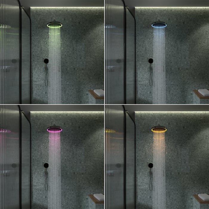 Ideal Standard Solos Duschsystem mit Aufputz-Brausethermostat Ceratherm Navigo® mit Ablage, Kopfbrause mit LED-Leuchtring, 3-Funktions-Hand- & Kopfbrause