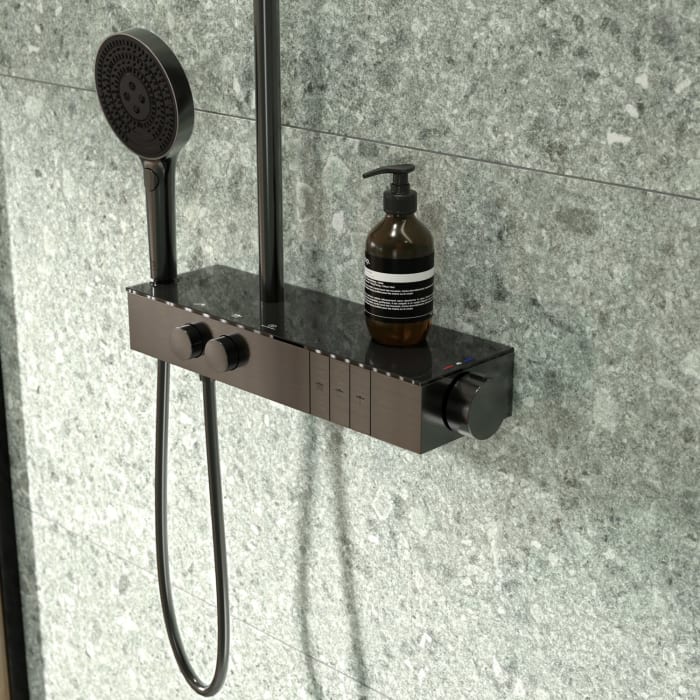Ideal Standard Solos Duschsystem mit Aufputz-Brausethermostat Ceratherm Navigo® mit Ablage, Kopfbrause mit LED-Leuchtring, 3-Funktions-Hand- & Kopfbrause