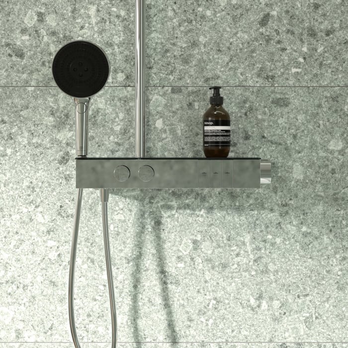 Ideal Standard Solos Duschsystem mit Aufputz-Brausethermostat Ceratherm Navigo® mit Ablage, Kopfbrause mit LED-Leuchtring,  3-Funktions-Handbrause
