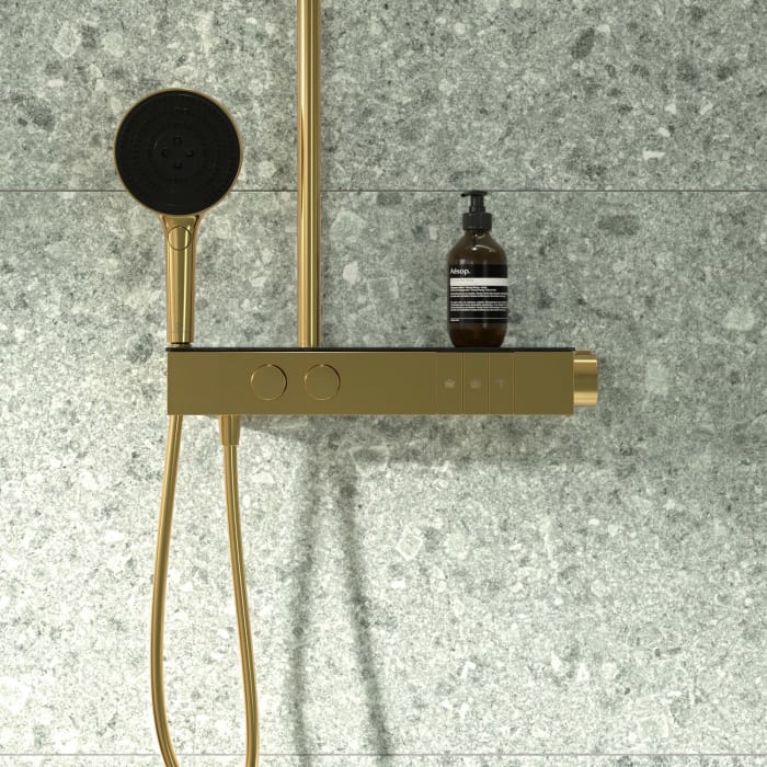 Ideal Standard Solos Duschsystem mit Aufputz-Brausethermostat Ceratherm Navigo® mit Ablage, Kopfbrause mit LED-Leuchtring, 3-Funktions-Hand- & Kopfbrause